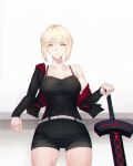  1girl artoria_pendragon_(fate) belt black_jacket black_shorts black_tank_top blonde_hair breasts closed_mouth collarbone fate/grand_order fate_(series) holding holding_sword holding_weapon jacket jacket_partially_removed leaning_on_object lilyaholmes long_sleeves looking_at_viewer medium_breasts saber_alter short_hair shorts simple_background single_bare_shoulder solo sword tank_top weapon white_background yellow_eyes 