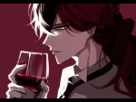  1boy akuma_shitsuji_to_kuroi_neko alcohol bishounen black_border black_hair black_necktie border closed_mouth collared_shirt cup drinking_glass earrings facing_to_the_side gloves highres jewelry looking_at_viewer lucas_thompscie male_focus multicolored_hair multiple_earrings necktie ohachi08 pink_hair red_background shirt solo split-color_hair white_gloves white_shirt wine wine_glass yellow_eyes 