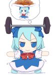  1girl absurdres barbell blue_bow blue_dress blue_eyes blue_footwear blue_hair blush_stickers bow cirno closed_mouth collared_shirt dress fairy food full_body fumo_(doll) hair_between_eyes hair_bow highres ice ice_wings kame_(kamepan44231) meatball motion_lines outstretched_arms pasta shirt shoes short_hair short_sleeves simple_background solo spread_arms standing touhou white_background white_shirt wings 