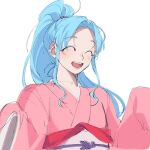  1girl blue_hair botan_(yu_yu_hakusho) closed_eyes hsh7955 japanese_clothes kimono long_hair open_mouth ponytail simple_background sketch smile solo white_background yu_yu_hakusho 