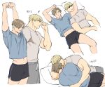  2boys bara bed black_shorts blonde_hair blue_shirt brown_hair closed_eyes couple curtained_hair grey_pants grey_shirt jack_krauser large_pectorals leon_s._kennedy lying male_focus multiple_boys multiple_views muscular muscular_male navel on_bed on_side pants pectorals pillow resident_evil resident_evil_4 resident_evil_4_(remake) shirt short_hair shorts sleeping smile tatsumi_(psmhbpiuczn) yaoi 
