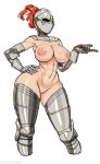  1girl abs armor armored_boots boots breasts cowboy_shot gauntlets hand_on_own_hip helmet highres inverted_nipples knight large_breasts long_hair muscular muscular_female navel nisetanaka orange_hair original pussy solo stomach thigh_boots white_background 