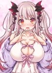 1girl :d babydoll blush bow breasts brown_eyes cleavage commentary_request demon_girl fang gradient_hair grey_horns heart heart-shaped_pupils highres indie_virtual_youtuber jacket large_breasts long_hair looking_at_viewer medium_bangs multicolored_hair nonnon_(yudenonno) off_shoulder open_clothes open_jacket open_mouth pink_background pink_bow pink_hair purple_jacket sidelocks smile solo suou_patra symbol-shaped_pupils twintails upper_body virtual_youtuber white_babydoll 