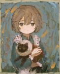  1girl :| absurdres animal apron black_cat blue_shirt blush border brown_eyes brown_hair cat ciel_(paradis47) closed_mouth clothed_animal collared_shirt expressionless faux_traditional_media frilled_apron frills hair_between_eyes highres holding holding_animal holding_cat impasto jitome long_sleeves neck_ruff original painterly shirt short_hair white_apron 