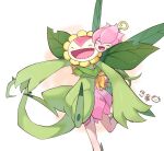  1girl 1other closed_eyes detached_sleeves digimon digimon_(creature) dress flower green_sleeves happy highres hug leaf_wings lilimon monster_girl open_mouth petals pink_dress plant plant_girl simple_background smile sunflower sunflowmon watermark white_background youzaiyouzai112 
