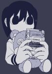  1girl absurdres animal_ears black_background black_eyes black_hair black_sailor_collar buttons collared_shirt empty_eyes explosion_psycho game_boy haguruma_hasami hair_between_eyes handheld_game_console highres holding holding_handheld_game_console holding_stuffed_toy limited_palette long_sleeves looking_at_object medium_hair original playing playing_games sailor sailor_collar school_uniform shirt simple_background sleeves_past_wrists stuffed_animal stuffed_toy teddy_bear twintails uniform white_shirt 