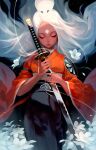  1girl black_background closed_eyes commentary english_commentary facial_mark flower flower_request forehead forehead_mark holding holding_sword holding_weapon japanese_clothes katana kimono lips long_hair nima_(ross_tran) orange_kimono original parted_bangs ross_tran solo sword thread weapon white_flower white_hair wide_sleeves 