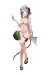  1girl absurdres ahoge antennae arknights arm_support bare_shoulders bikini black_choker choker commentary derby_(dabidabi) food fruit full_body grey_eyes grey_hair hand_up highres holding holding_food horns navel popsicle sandals short_hair simple_background solo stomach swimsuit thigh_strap thighs w_(arknights) watermelon watermelon_bar white_background white_bikini 