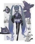  1girl aqua_hair black_thighhighs chandelure cross detached_sleeves duskull fire floating gengar ghost ghost_miku_(project_voltage) glitch gradient_hair graveyard grey_shirt hair_between_eyes hatsune_miku highres litwick looking_at_viewer mimikyu misdreavus mismagius multicolored_hair necktie pale_skin parted_lips pokemon pokemon_(creature) pool17 project_voltage red_eyes see-through see-through_skirt shirt sinistea skirt sleeves_past_fingers sleeves_past_wrists thighhighs tombstone twintails vocaloid will-o&#039;-the-wisp_(mythology) yellow_eyes 
