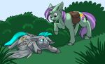  broken_horn cutie_mark duo equid equine feathered_wings feathers female feral fetlocks foxenawolf fur goldfur&#039;s_cogsverse green_body green_fur green_hair grey_body grey_fur hair hasbro hooves horn lavender_dreams male mammal my_little_pony outside pegasus plant purple_eyes purple_hair saddle_bag shrub unicorn unicorn_horn whirring_cogs wings wounded 