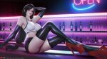  1girl alcohol ass bar_(place) black_hair breasts elbow_gloves final_fantasy final_fantasy_vii final_fantasy_vii_remake gloves high_heels large_breasts long_hair looking_at_viewer midriff panties red_eyes sade_abyss shiny_clothes shirt skirt thighhighs thighs tifa_lockhart underwear white_shirt 