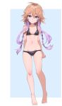  1girl bare_legs barefoot bikini black_bikini blush breasts brown_hair collarbone hair_extensions highres himari_ii idolmaster idolmaster_cinderella_girls looking_at_viewer navel ninomiya_asuka purple_eyes purple_hair simple_background small_breasts solo swimsuit toes two-tone_background 