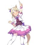  1girl @_@ animal_ears arm_up back_bow blush bow bowtie brown_eyes clenched_hand cosplay dot_nose drill_hair fake_animal_ears fake_tail flying_sweatdrops frilled_skirt frills hair_bow hand_up horse_ears horse_tail idolmaster idolmaster_cinderella_girls index_finger_raised jacket legs light_brown_hair looking_at_viewer medium_hair morikubo_nono multicolored_hair open_mouth pink_wristband pointing pointing_up puffy_short_sleeves puffy_sleeves purple_bow purple_bowtie purple_vest revision shirt short_sleeves skirt solo special_week_(umamusume) special_week_(umamusume)_(cosplay) sweat tail thighhighs thighs translation_request two-tone_hair uccow umamusume vest wavy_mouth white_background white_hair white_jacket white_shirt white_skirt white_thighhighs wing_collar wristband 