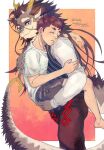  1hkujlog anthro bandaid_protagonist_(tas) black_hair blush bottomwear brown_hair carrying carrying_another clothing dragon duo fuxi_(tas) grey_body hair hi_res human lifewonders long_hair male male/male mammal protagonist_(tas) shorts sleeping tokyo_afterschool_summoners 