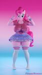  3d_(artwork) absurd_res anthro anthrofied big_breasts bottomwear breasts clothing digital_media_(artwork) equid equine female floppyhuman friendship_is_magic gesture hair hasbro hi_res horse mammal my_little_pony pink_body pink_hair pinkie_pie_(mlp) pony skirt smile smiling_at_viewer solo thick_thighs v_sign wide_hips 