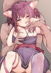  1boy 1girl animal_ears arm_ribbon bare_shoulders breasts brown_hair cat_ears cat_girl clothes_pull dress dress_pull fallenshadow finger_in_another&#039;s_mouth grabbing grabbing_another&#039;s_breast grabbing_from_behind groping highres indie_virtual_youtuber leg_ribbon medium_hair no_bra off-shoulder_dress off_shoulder orange_eyes purple_dress ribbon sash short_sleeves single_sleeve single_thighhigh sitting small_breasts sweat teranekosu thigh_ribbon thighhighs virtual_youtuber 