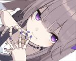  1girl brown_hair buran_buta choker close-up closed_mouth clothing_cutout cropped doll_joints dress fingernails herta_(honkai:_star_rail) highres honkai:_star_rail honkai_(series) jewelry joints key_necklace long_hair long_sleeves looking_at_viewer nail_polish necklace purple_eyes shoulder_cutout simple_background smile solo upper_body very_long_hair white_background 