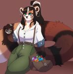  ailurid anthro bag belt blue_eyes chest_tuft clothing ear_piercing ear_ring female hair hi_res holding_object mammal piercing plasticrain ponytail potion_bottle red_panda ring_piercing scar sequence shirt solo suspenders tail topwear tuft zettra_thorn 