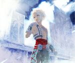  1boy blonde_hair blue_eyes closed_mouth cloud cofffee final_fantasy final_fantasy_xii gloves male_focus short_hair smile solo vaan vest 