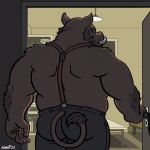  1:1 anthro bottomwear butt chubby_male clothing entering_room hi_res looking_at_viewer looking_back looking_back_at_viewer male mammal mature_male musclegut muscular muscular_male nanoff pants rear_view shirtless solo suarez_(nanoff) suid suina sus_(pig) suspenders tail wild_boar 