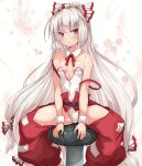  1girl adapted_costume bow breasts cleavage commentary detached_collar feet_out_of_frame fujiwara_no_mokou hair_bow highres huyusilver leotard long_hair looking_at_viewer low-tied_long_hair ofuda ofuda_on_clothes pants red_eyes red_pants sitting small_breasts solo touhou v-shaped_eyebrows very_long_hair white_background white_bow white_hair white_leotard 