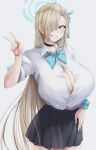  1girl asuna_(blue_archive) black_skirt blonde_hair blue_archive blue_eyes breasts cleavage grin hair_over_one_eye halo hand_up highres huge_breasts ibara_azuki long_hair looking_back mole mole_on_breast one_eye_covered parted_lips pleated_skirt revision school_uniform shirt shirt_tucked_in skirt smile solo teeth v white_shirt 