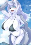  2023 absurd_res anthro areola areola_slip big_breasts bikini blue_eyes blush bodily_fluids breasts canid canine canis cleavage clothed clothing cloud digital_media_(artwork) female female_anthro fur genital_fluids grey_body grey_fur hair hand_on_hip hi_res kemono looking_at_viewer mammal nyacozo one_eye_closed open_mouth partially_submerged pussy_juice side_boob silver_hair solo swimwear water wet wet_body wet_fur white_body white_fur wink wolf 