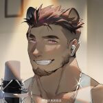  1boy animal_ears bara earphones earrings eyebrow_cut glint highres icelernd jewelry lion_ears looking_at_viewer male_focus mature_male microphone necklace original pectoral_cleavage pectorals portrait purple_eyes seductive_smile short_hair sideburns smile solo tank_top thick_eyebrows thick_neck white_tank_top 