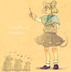  1girl animal_ears baton_(conducting) beamed_eighth_notes blue_capelet blush brown_footwear capelet closed_eyes closed_mouth eighth_note full_body grey_hair grey_skirt grey_vest half_note ishidamagu light_smile long_sleeves mouse mouse_ears mouse_girl mouse_tail musical_note nazrin pun quarter_note shirt short_hair simple_background skirt skirt_set socks solo standing tail touhou vest white_shirt white_socks yellow_background 