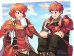  1boy 1girl absurdres betabetamaru cloud commission cup fire_emblem fire_emblem:_mystery_of_the_emblem fire_emblem:_shadow_dragon_and_the_blade_of_light fire_emblem_echoes:_shadows_of_valentia highres holding holding_cup looking_at_another lukas_(fire_emblem) minerva_(fire_emblem) outdoors pixiv_commission red_armor red_eyes red_hair sitting sky smile talking trait_connection 
