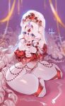  2023 absurd_res anthro blue_eyes breasts clothed clothing dated equid equine eyebrows female hair hi_res horn kneeling long_hair mammal nipples ribbons signature solo thick_thighs ulitochka unicorn white_body white_hair 