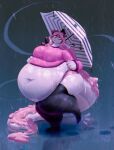  absurd_res anthro belly belly_overhang big_belly big_butt breasts butt clothing dragon female footwear hair hi_res long_tail miluinaoxie navel obese obese_anthro obese_female overweight overweight_anthro overweight_female pink_hair raining socks solo tail umbrella wet wet_clothing wet_footwear wet_socks white_body 
