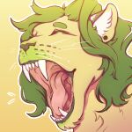  anthro chin_tuft ear_piercing ear_stud eyes_closed facial_tuft fangs felid fur green_hair hair hi_res lion lionfloof male mammal mouth_shot open_mouth pantherine piercing red_tongue simple_background solo teeth tongue whiskers yellow_background yellow_body yellow_fur 