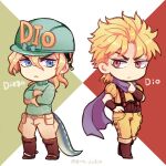  2boys blonde_hair blue_eyes boots character_name chibi commentary_request crossover diego_brando dinosaur_tail dio_brando grm_jogio hat jojo_no_kimyou_na_bouken long_hair long_sleeves looking_at_another male_focus multiple_boys phantom_blood red_eyes scarf scary_monsters_(stand) stand_(jojo) steel_ball_run suspenders sweater tail 