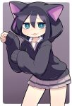  1girl :3 animal_ears animal_hood black_hair black_hoodie blue_eyes blush bright_pupils brown_skirt cat_hood collared_shirt commentary cowboy_shot fake_animal_ears flat_chest gradient_background hair_between_eyes hood hood_up hoodie hospital_king kuroki_tomoko long_bangs long_hair long_sleeves looking_at_viewer miniskirt open_mouth paw_pose pleated_skirt purple_background ringed_eyes shirt skirt smile solo watashi_ga_motenai_no_wa_dou_kangaetemo_omaera_ga_warui! white_background white_pupils white_shirt 