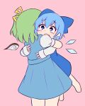  2girls blue_bow blue_dress blue_eyes blue_hair bow cevio cirno commentary crying daiyousei detached_wings dress english_commentary fairy_wings ferdy&#039;s_lab green_hair hair_bow highres hug ice ice_wings kyu-kurarin_(cevio) long_sleeves multiple_girls parody pink_background short_hair short_sleeves side_ponytail simple_background touhou variant_set wings 