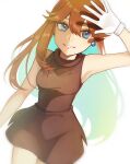  1girl arm_up ayan_ip blue_eyes breasts brown_dress brown_hair dress earrings eyelashes gloves green_(pokemon) grin hair_flaps highres jewelry long_hair pokemon pokemon_adventures short_dress sleeveless sleeveless_dress smile solo white_gloves 