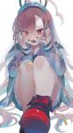  1girl absurdres ahoge bandaid bandaid_on_knee bandaid_on_leg black_halo black_nails blue_archive blush braid commentary_request feet floral_print foot_focus hair_between_eyes halo hands_on_own_face hands_up highres huge_ahoge jacket kuromu_(96-94) long_braid long_hair long_sleeves looking_at_viewer maid_headdress neru_(blue_archive) open_mouth pink_hair print_jacket red_eyes red_footwear shoes side_braid simple_background sitting solo teeth very_long_hair white_background 