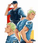  1boy absurdres alternate_costume bara baseball_cap dark-skinned_male dark_skin green_hair haru_(haru_z4) hat highres long_sideburns male_focus notice_lines one_piece pectorals police police_uniform policeman roronoa_zoro shirt short_hair sideburns sunglasses t-shirt toned toned_male uniform upper_body 