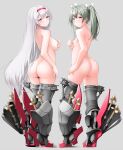  2girls ass boots breasts brown_eyes covering covering_breasts green_hair hair_ribbon headband highres kantai_collection kirigakure_(kirigakure_tantei_jimusho) long_hair looking_at_viewer looking_back medium_breasts multiple_girls nude propeller red_headband ribbon shoukaku_(kancolle) small_breasts smile standing thigh_boots twintails very_long_hair white_hair white_ribbon zuikaku_(kancolle) 