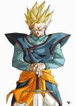  1boy blonde_hair commentary_request dragon_ball dragon_ball_z earrings green_eyes green_shirt highres holding holding_sword holding_weapon jewelry kakeru_(dbskakeru) looking_at_viewer shirt simple_background solo son_gohan spiked_hair super_saiyan super_saiyan_1 sword toriyama_akira_(style) weapon white_background 