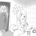  2014 anthro bathroom being_watched blush breasts canid canine canis cyberconnect2 domestic_dog duo female greyscale little_tail_bronx lonbluewolf looking_at_another lotion lotion_bottle male mammal merveille_million monochrome nipples nude perfume_bottle solatorobo surprised_expression toilet 