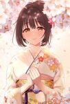 1girl black_hair blush bow cherry_blossoms closed_mouth dot_nose floral_print flower hair_flower hair_ornament hands_on_own_chest highres idolmaster idolmaster_cinderella_girls idolmaster_cinderella_girls_starlight_stage japanese_clothes kimono looking_at_viewer obi petals sash short_hair smile solo takafuji_kako tokita_arumi yellow_eyes 