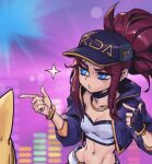  2girls ahri_(league_of_legends) akali animal_ears black_gloves blonde_hair blue_eyes blue_jacket bracelet breasts brown_hair cleavage collarbone fingerless_gloves fox_ears gloves jacket jewelry k/da_(league_of_legends) k/da_ahri k/da_akali league_of_legends long_hair looking_to_the_side multiple_girls navel necklace official_alternate_costume official_alternate_hairstyle open_clothes open_jacket out_of_frame phantom_ix_row ponytail single_fingerless_glove sparkle standing stomach 