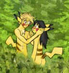  anthro black_body black_fur black_hair blonde_hair blush breasts brown_body brown_fur butt chest_tuft duo female forest forest_background fur generation_1_pokemon hair hand_on_cheek inuebonydarkhaven long_ears low_res male nature nature_background nintendo nude outside pikachu plant pokemon pokemon_(species) romantic romantic_couple side_boob tree tuft yellow_body yellow_fur 
