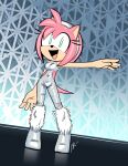  2023 absurd_res amy_rose anthro boots clothing eulipotyphlan female footwear fur glistening glistening_clothing green_eyes hedgehog hi_res lettuce_(artist) mammal open_mouth open_smile pink_body pink_fur sega smile solo sonic_the_hedgehog_(series) 