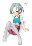  1girl absurdres alternate_costume dated flat_chest forehead full_body grey_hair grey_thighhighs highres kantai_collection maru_(marg0613) mole mole_on_neck multicolored_clothes shinryaku!_ikamusume short_hair simple_background skin_tight solo swept_bangs tamanami_(kancolle) thighhighs unitard yellow_eyes 