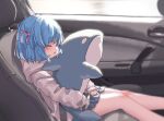  1girl aoi_tori blue_hair blue_skirt blurry blurry_background blush bow car_interior closed_eyes commentary_request depth_of_field feet_out_of_frame from_side hair_bow highres hood hood_down hoodie long_sleeves object_hug one_side_up original parted_lips pink_bow pleated_skirt puffy_long_sleeves puffy_sleeves seatbelt skirt sleeping sleeves_past_wrists solo stuffed_animal stuffed_dolphin stuffed_toy teru-chan_(aoi_tori) white_hoodie 