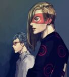  2boys black_eyes blonde_hair blue_background blue_eyes blue_hair closed_mouth earrings ghiaccio glasses highres jacket jewelry jojo_no_kimyou_na_bouken lips long_hair looking_at_viewer male_focus mask melone meron_nouka multiple_boys parted_lips purple_jacket simple_background upper_body vento_aureo wavy_hair white_jacket 