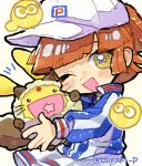  1girl arle_nadja blue_jacket brown_hair carbuncle_(puyopuyo) cosplay doradorakingyo echizen_ryooma echizen_ryooma_(cosplay) facial_mark holding jacket long_sleeves looking_at_viewer one_eye_closed open_mouth ponytail puyo_(puyopuyo) puyopuyo_quest simple_background skirt whisker_markings white_background white_headwear white_skirt 